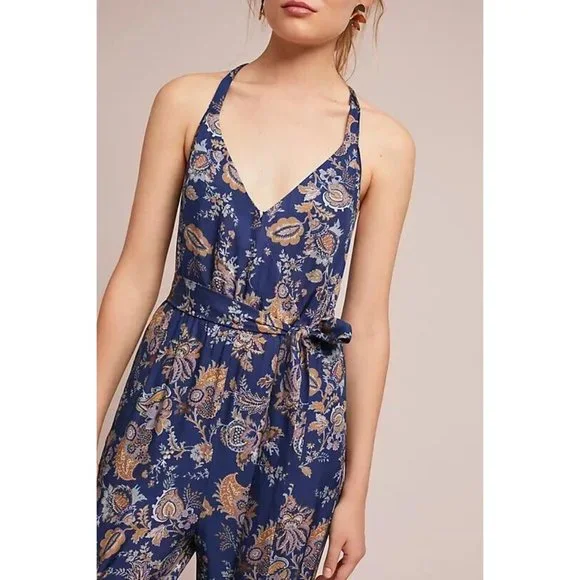 ett:twa Anthropologie Womens Paisley Jumpsuit S Navy Blue Floral Wide Leg - Picture 2 of 11